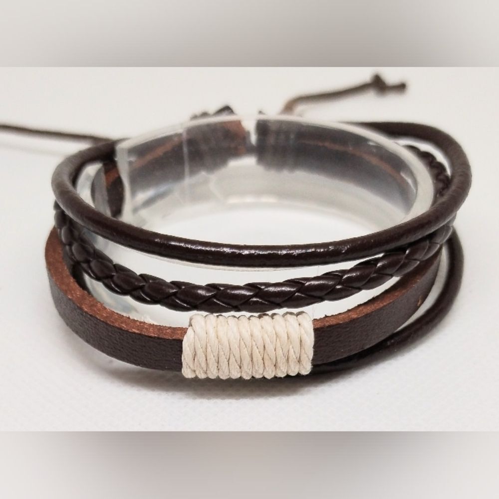 Men's bracelet leather braided‎ layered brown new e83